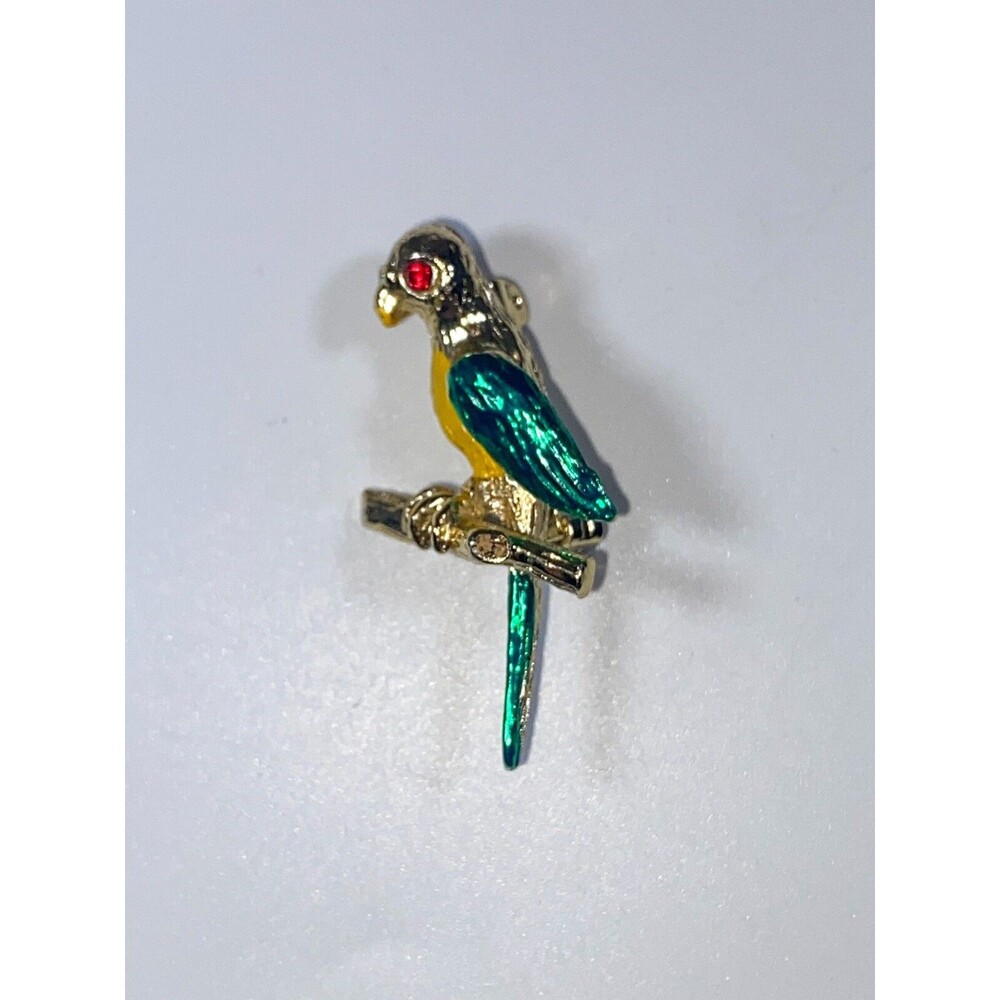 Vtg Parrot Enamel Brooch Lapel Pin Green Yellow Bird Rhinestones Eye Tropical